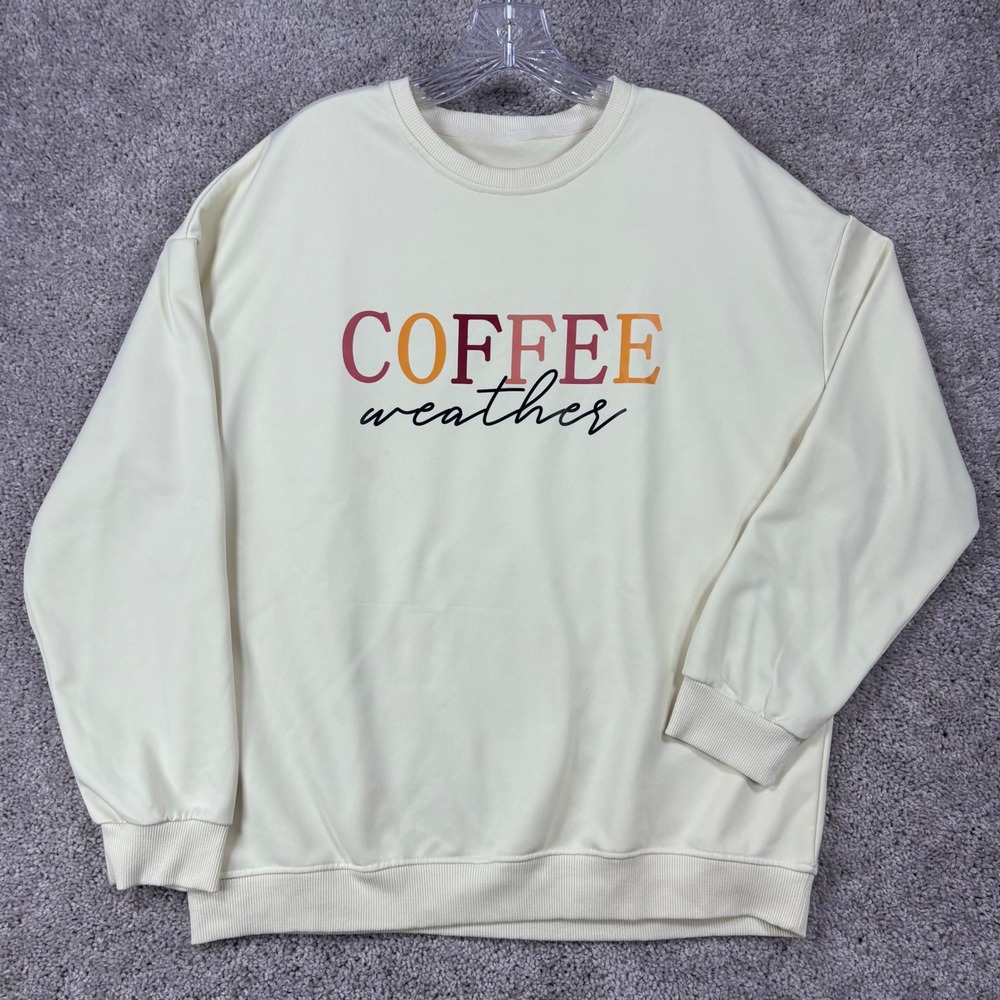 Coffee‎ Weather Graphic Sweatshirt Cream Oversized Pullover Large XL (READ)